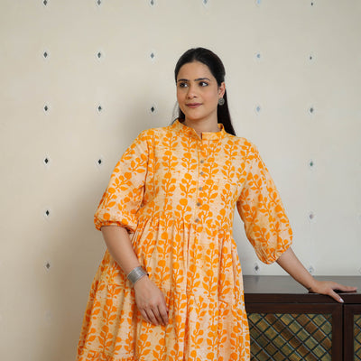 Orange - Pure Cotton Tiered Batik Print Dress 07