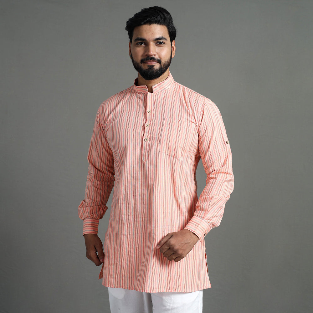 Peach - Handloom Cotton Stripe Men Short Kurta