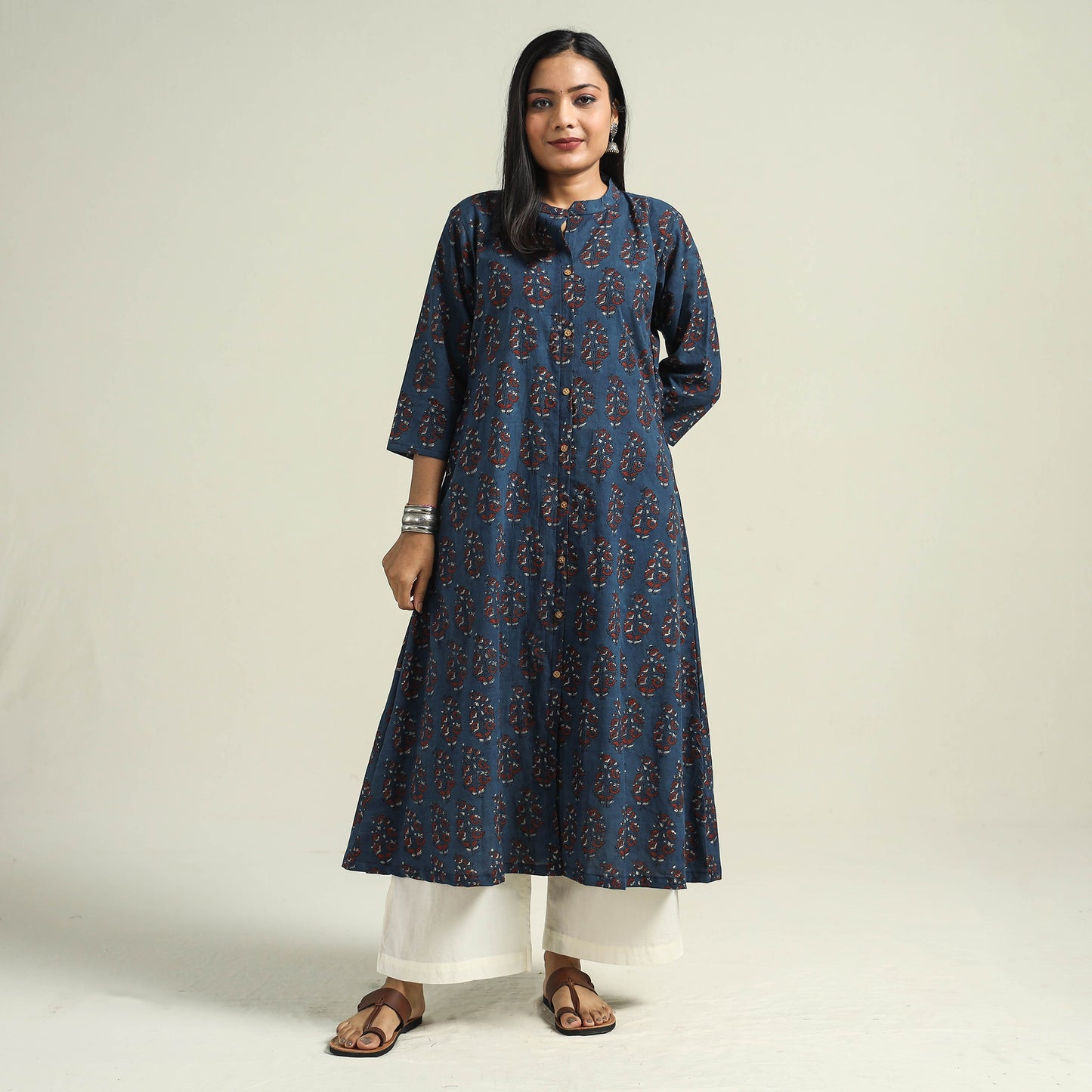 Blue with Butta - Ajrakh Hand Block Printed Cotton A-Line Kurta