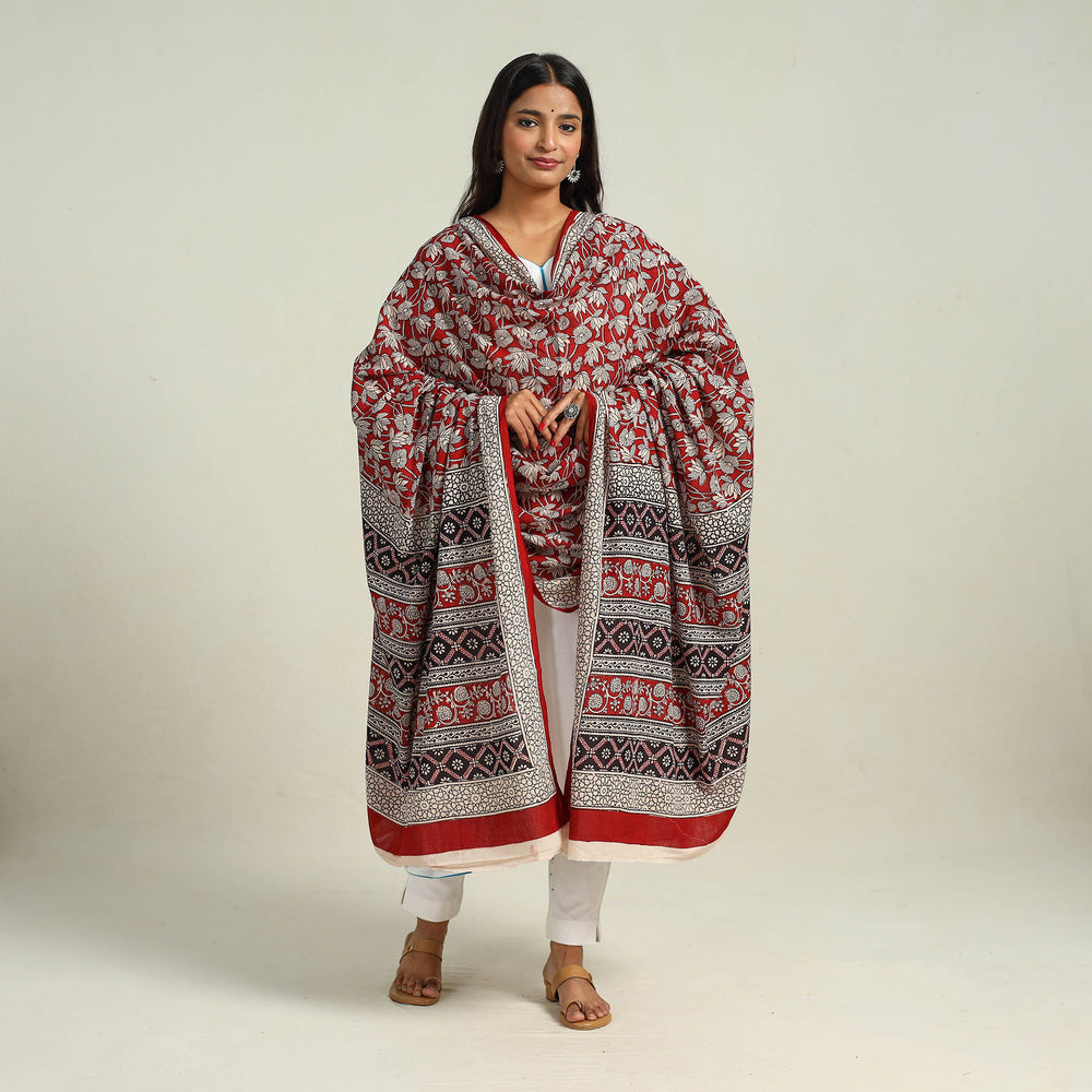 Red - Hand Block Print Cotton Bagh Dupatta 24