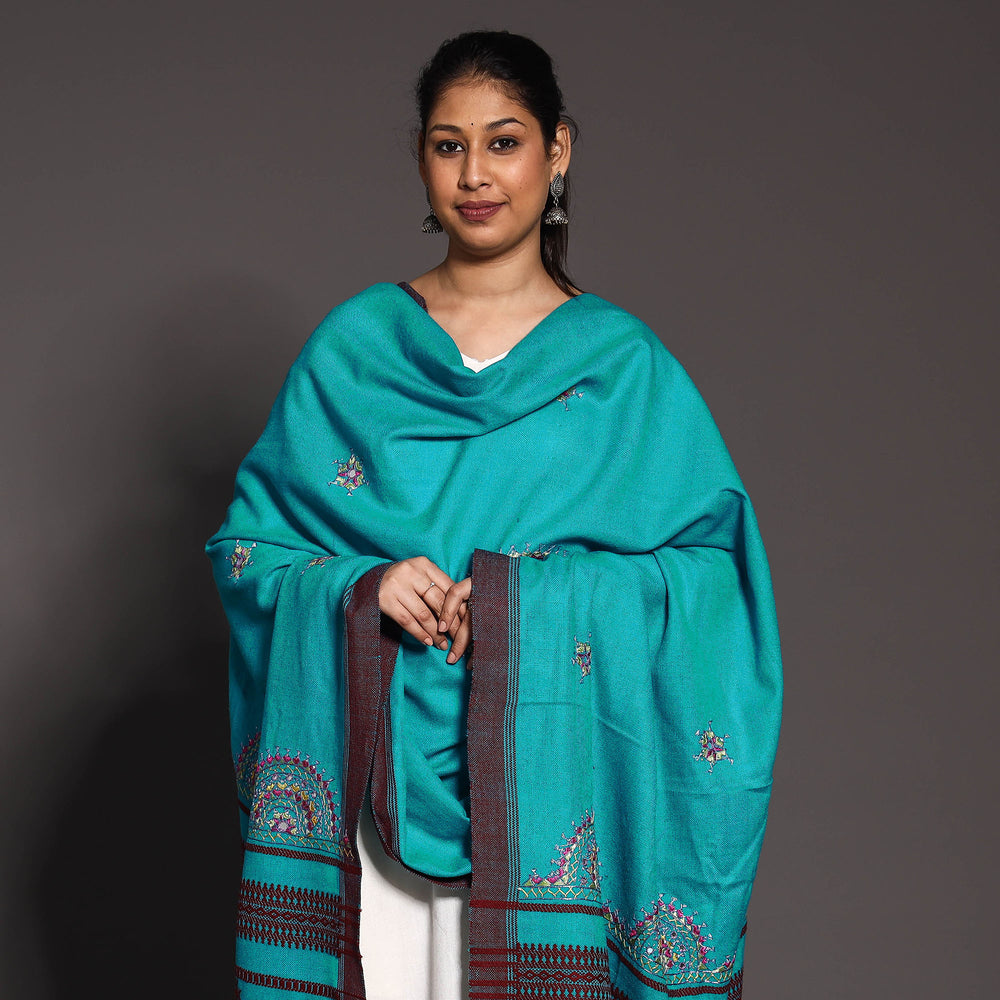 Blue - Kutch Boota Mirror Hand Embroidery Woolen Shawl