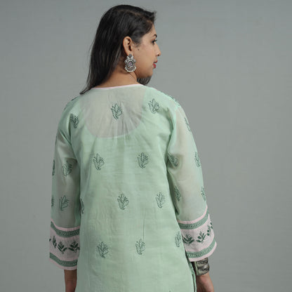 Light Green Chikankari Hand Embroidered Cotton Long Kurta with Inner