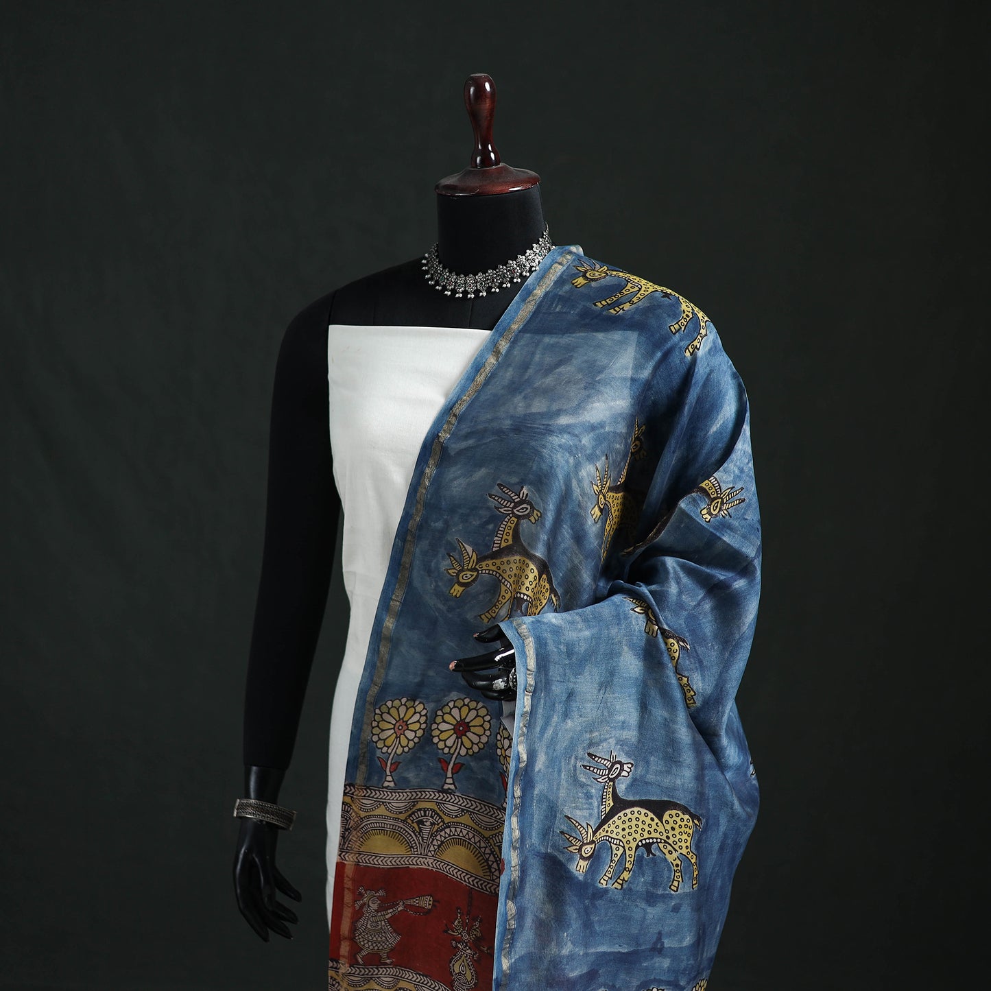 Blue - Mata Ni Pachedi Handpainted Natural Dyed Chanderi Silk Handloom Dupatta 23