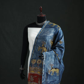 Blue - Mata Ni Pachedi Handpainted Natural Dyed Chanderi Silk Handloom Dupatta 23