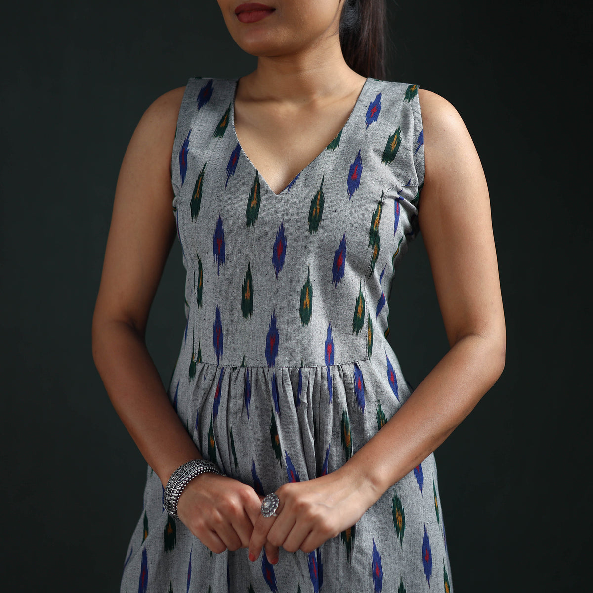 Pochampally Ikat Cotton Sleeveless Flared Long Dress for Women 19