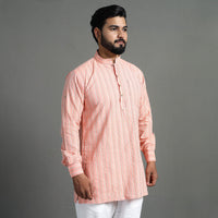 Peach - Handloom Cotton Stripe Men Short Kurta