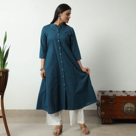 Blue - Jacquard Cotton A-Line Kurta 13