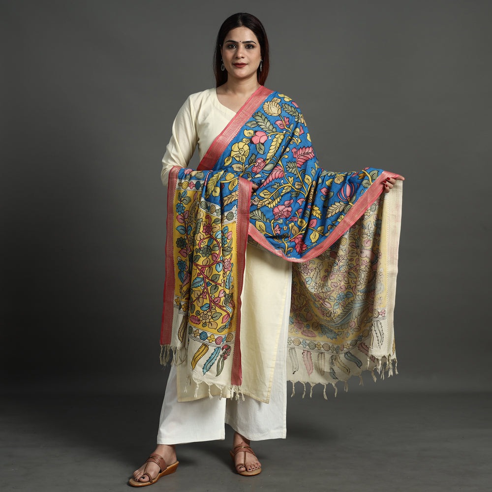 Blue - Srikalahasti Pen Work Kalamkari Cotton Handpainted Zari Border Dupatta with Tassels 180