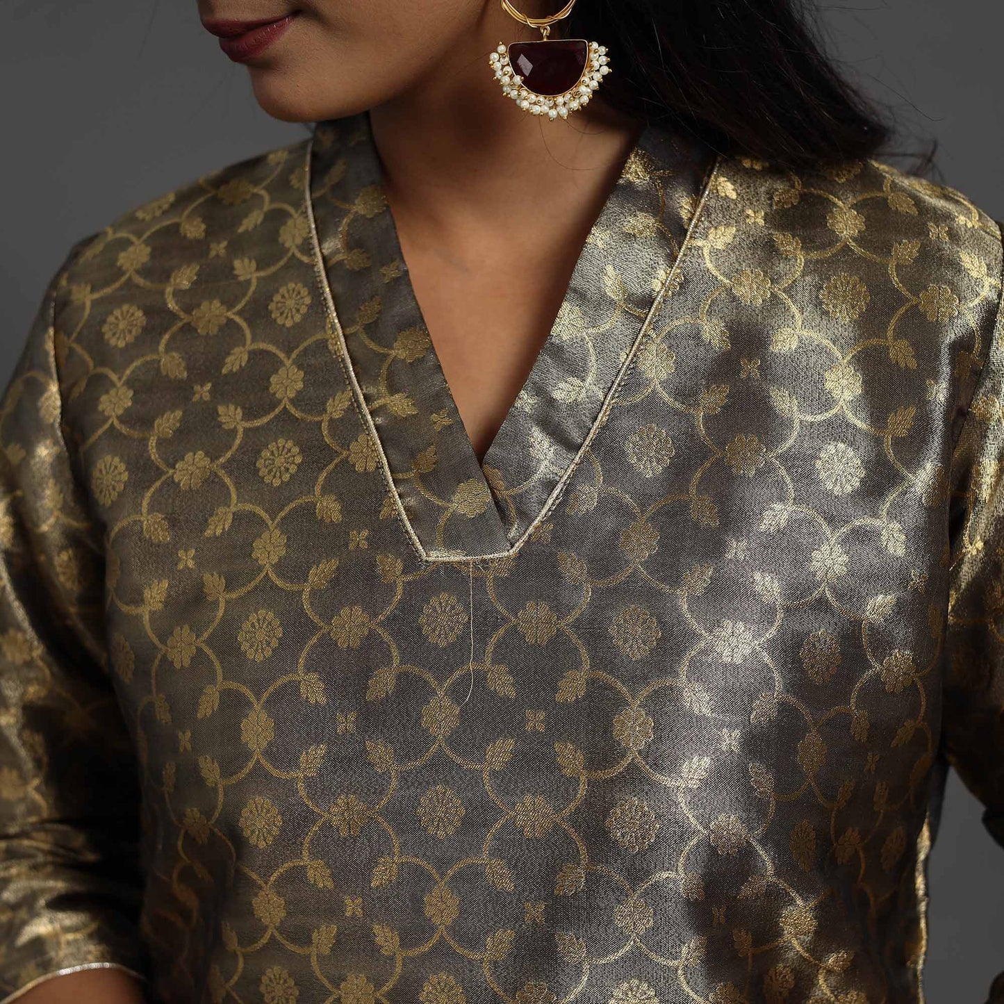 Grey - Cutwork Tissue Zari Jaal Banarasi Silk Kurta 08