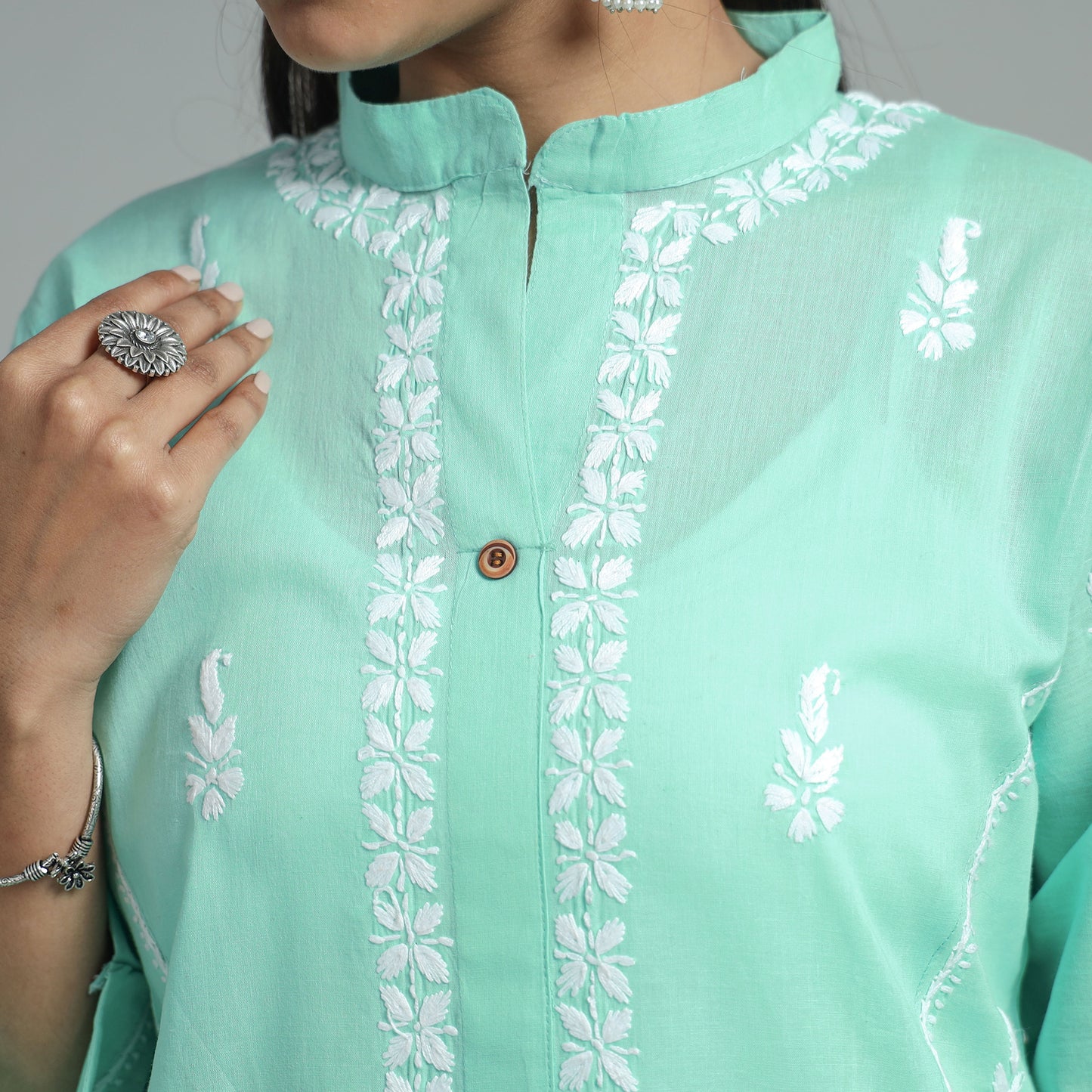 Mint Green Chikankari Hand Embroidered Cotton Long Kurta