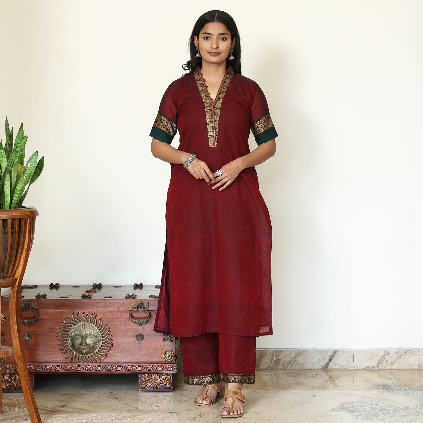 Maroon - Dharwad Cotton Kurta with Palazzo & Dupatta Set 16