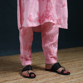 Pink - Hand Embroidered Rayon Cotton Chikankari Kurta with Pant Set for Women 18