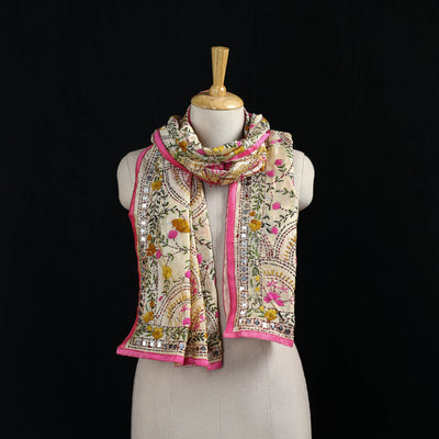 Beige - Ranihati Chanderi Silk Hand Embroidered Stole 02