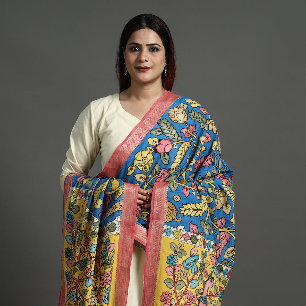 Blue - Srikalahasti Pen Work Kalamkari Cotton Handpainted Zari Border Dupatta with Tassels 180