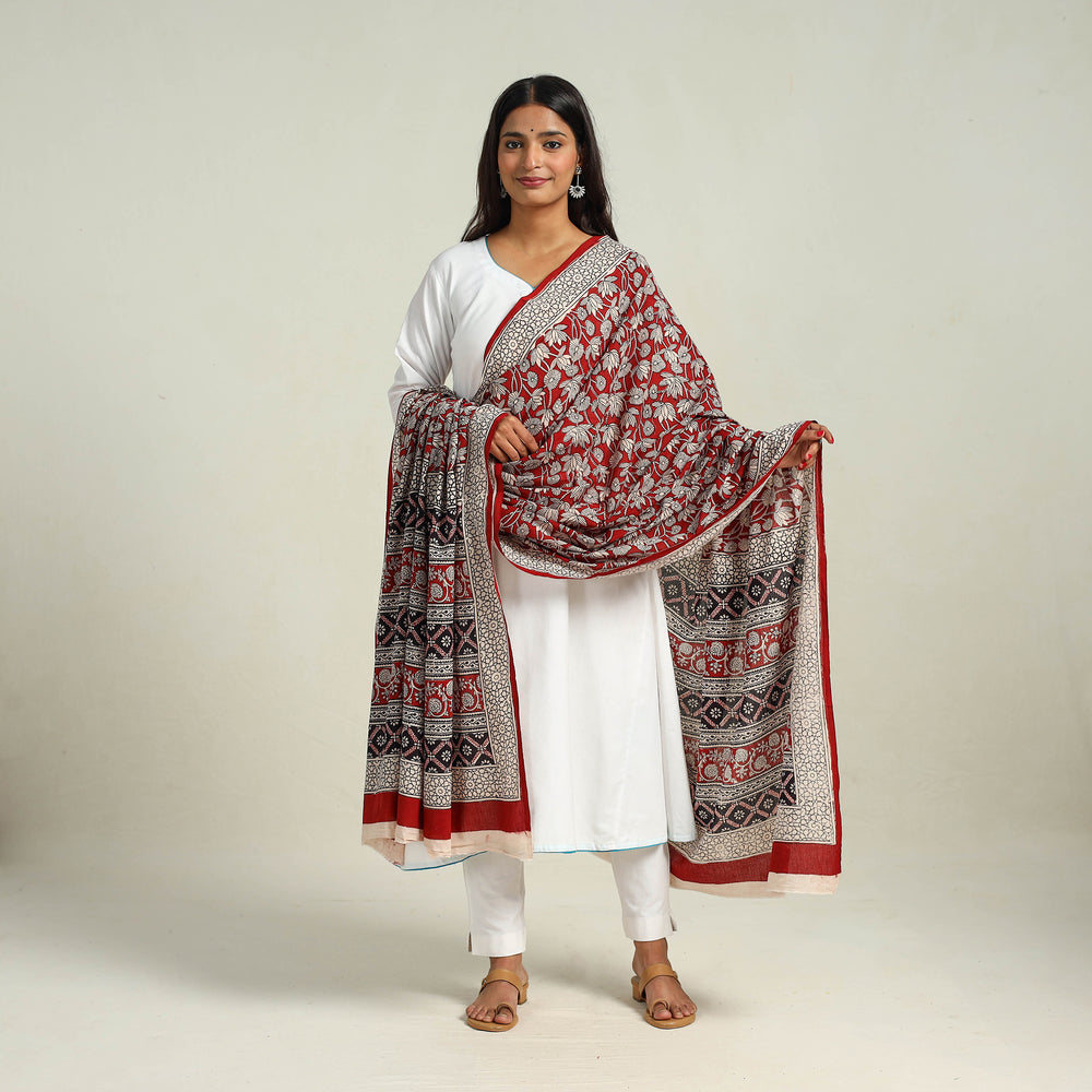 Red - Hand Block Print Cotton Bagh Dupatta 24