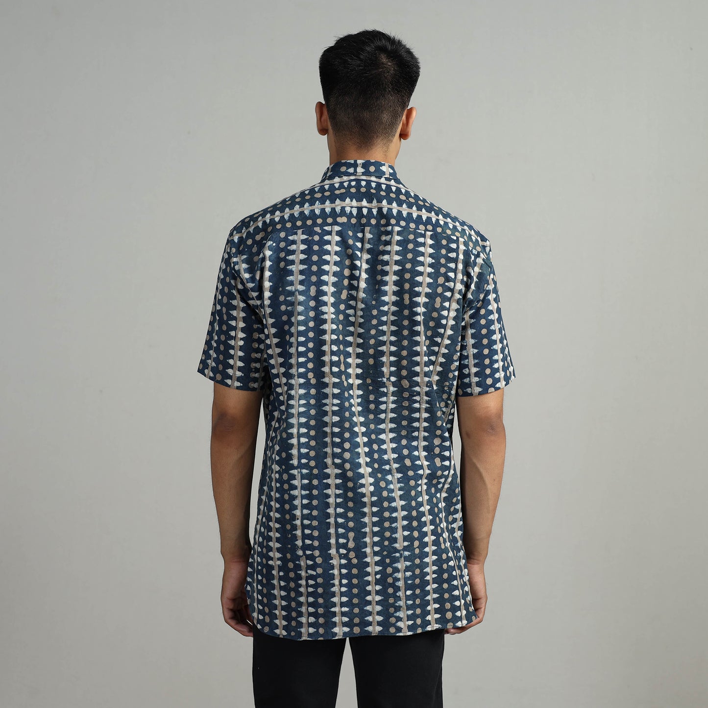 Blue - Indigo Block Printed Cotton Men Half Sleeve Shirt 07