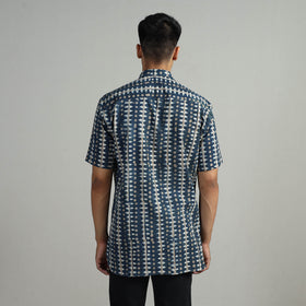 Blue - Indigo Block Printed Cotton Men Half Sleeve Shirt 07