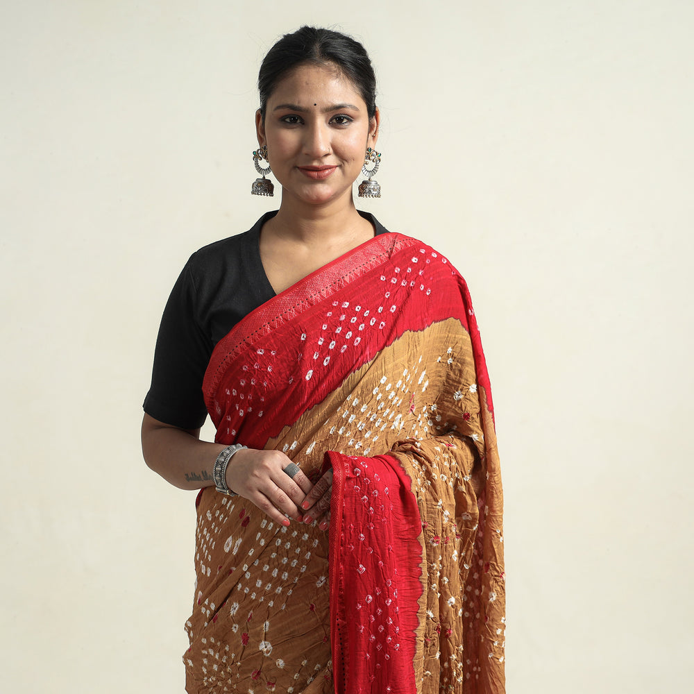 Brown - Kutch Bandhani Tie-Dye Cotton Saree with Blouse Piece