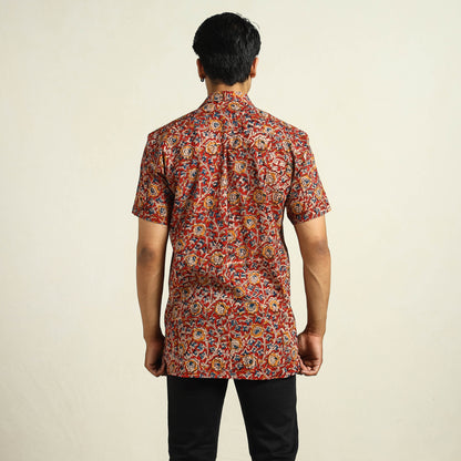 Red - Kalamkari Block Printed Cotton Men Half Sleeve Shirt 04