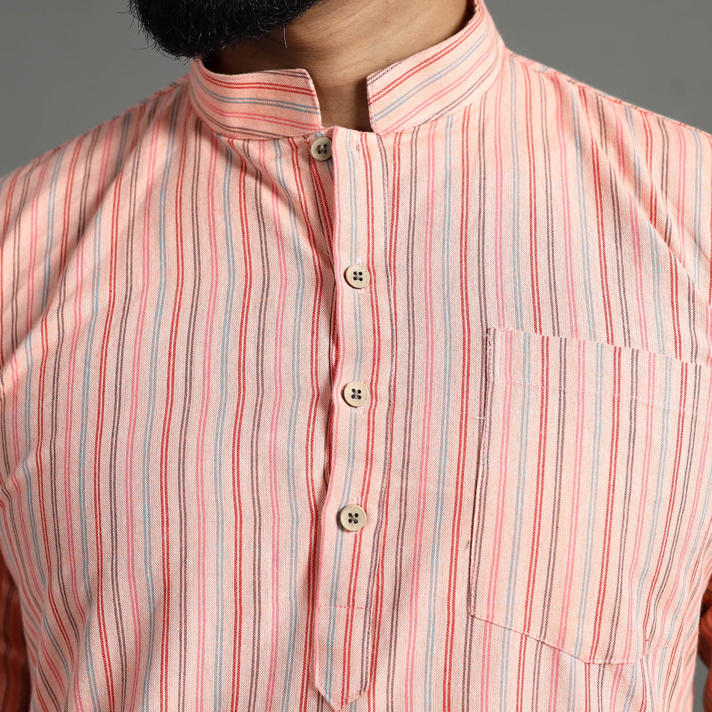 Peach - Handloom Cotton Stripe Men Short Kurta