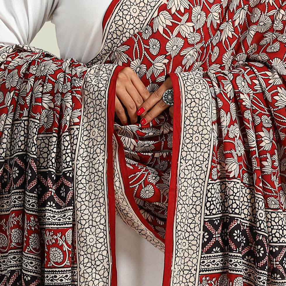 Red - Hand Block Print Cotton Bagh Dupatta 24