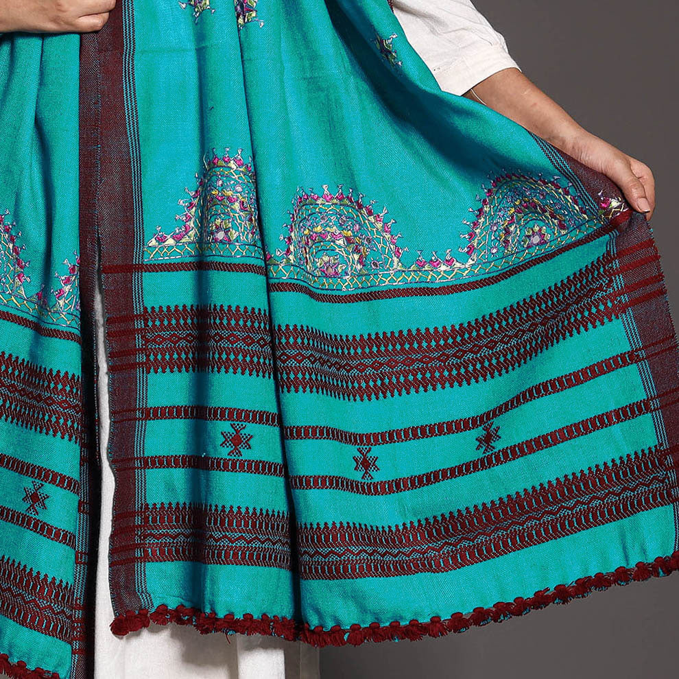Blue - Kutch Boota Mirror Hand Embroidery Woolen Shawl