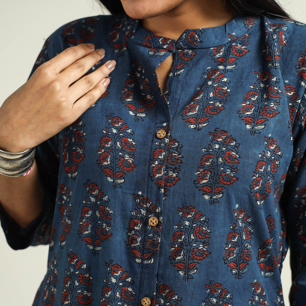 Blue with Butta - Ajrakh Hand Block Printed Cotton A-Line Kurta