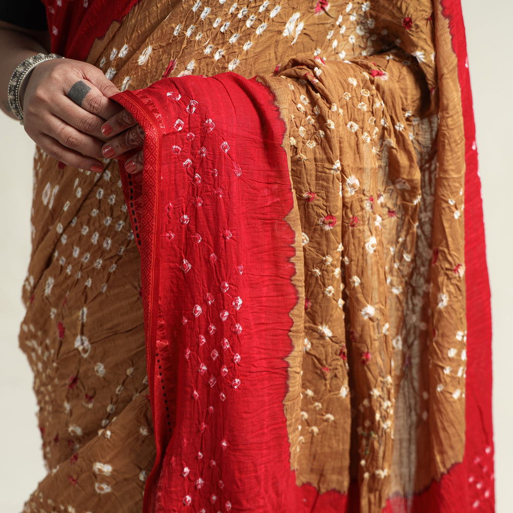 Brown - Kutch Bandhani Tie-Dye Cotton Saree with Blouse Piece