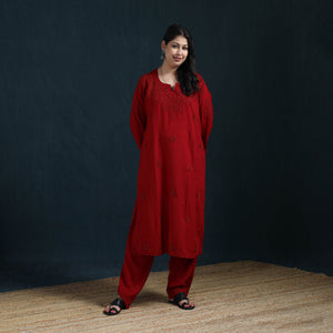 Red - Hand Embroidered Rayon Chikankari Kurta with Pant Set for Women 05