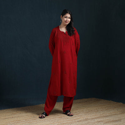 Red - Hand Embroidered Rayon Chikankari Kurta with Pant Set for Women 05