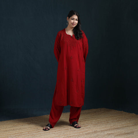 Red - Hand Embroidered Rayon Chikankari Kurta with Pant Set for Women 05