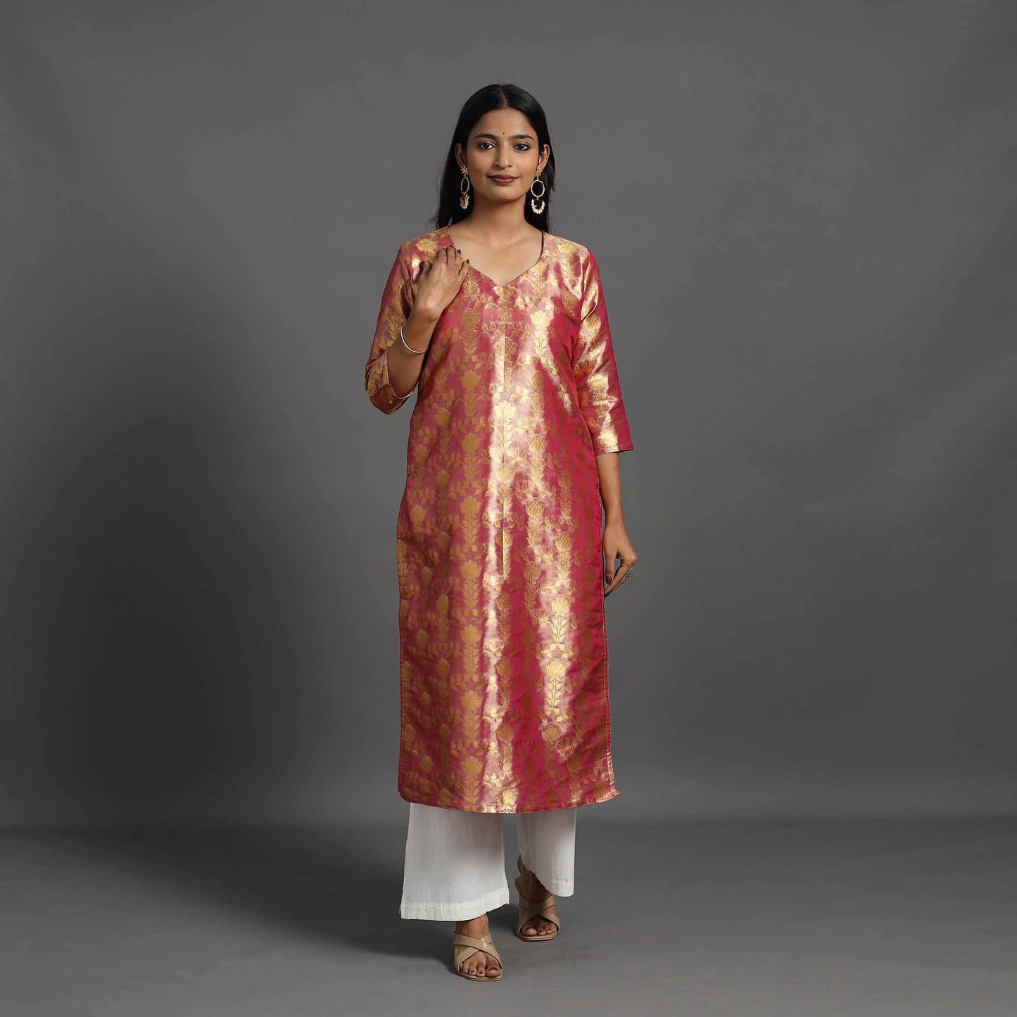 Pink - Cutwork Tissue Zari Jaal Banarasi Silk Kurta 07