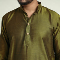 Olive Green - Plain Dyed Slub Silk Men Long Kurta