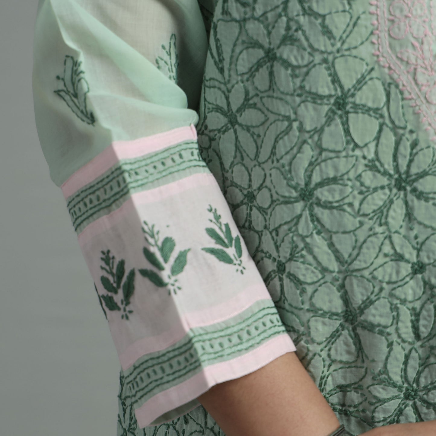 Light Green Chikankari Hand Embroidered Cotton Long Kurta with Inner
