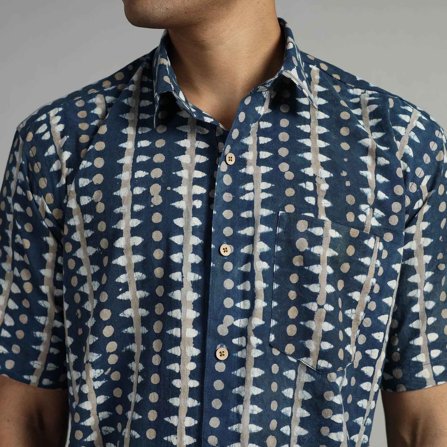 Blue - Indigo Block Printed Cotton Men Half Sleeve Shirt 07