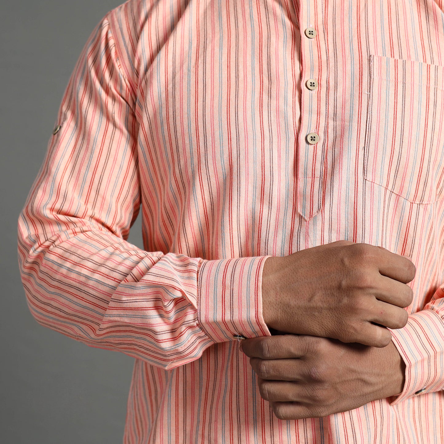 Peach - Handloom Cotton Stripe Men Short Kurta