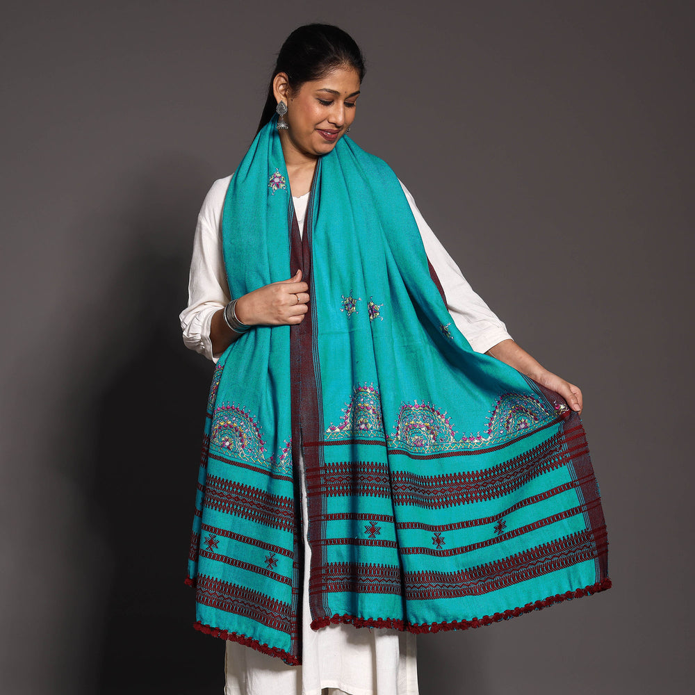 Blue - Kutch Boota Mirror Hand Embroidery Woolen Shawl