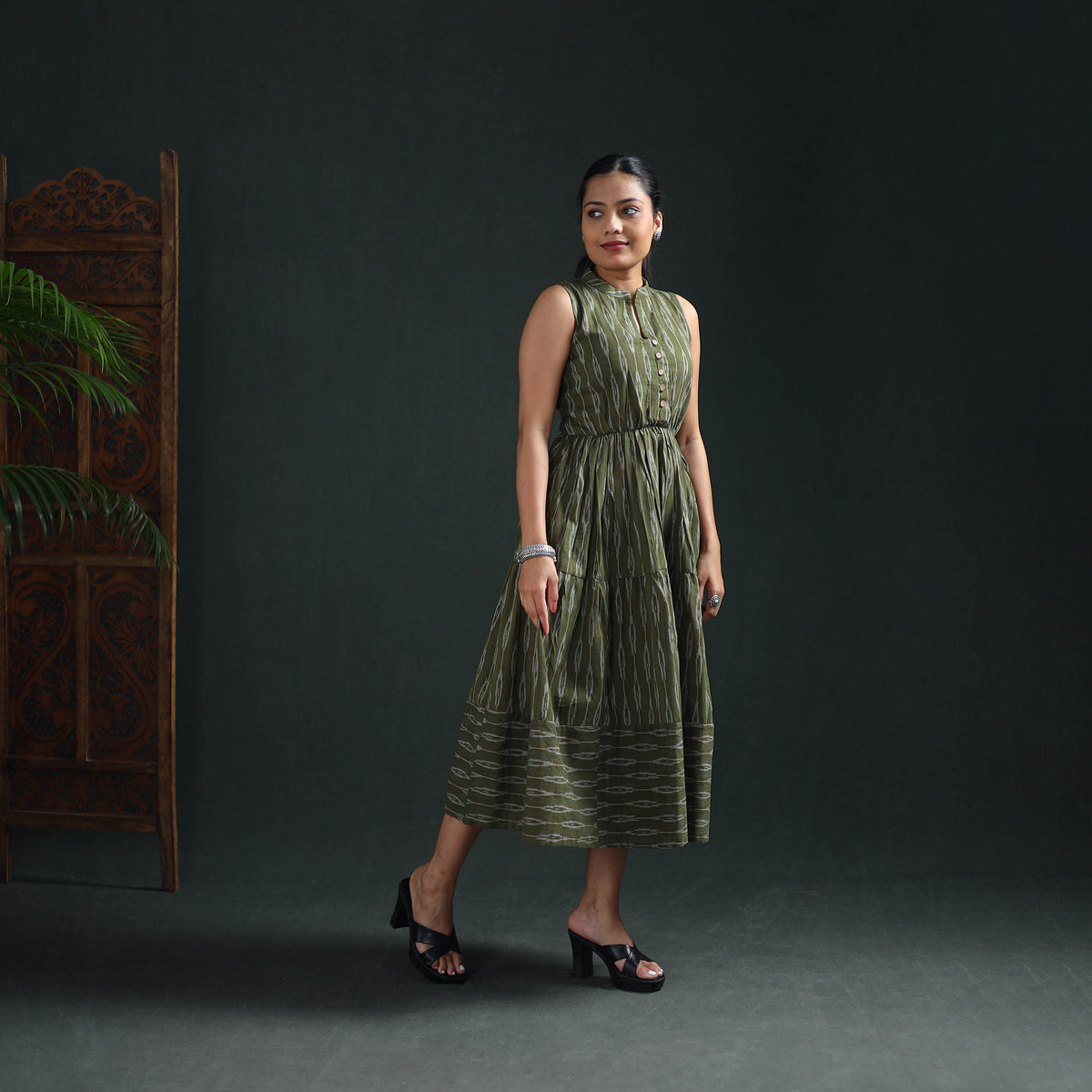 Pochampally Ikat Cotton Sleeveless Tiered Long Dress for Women 09