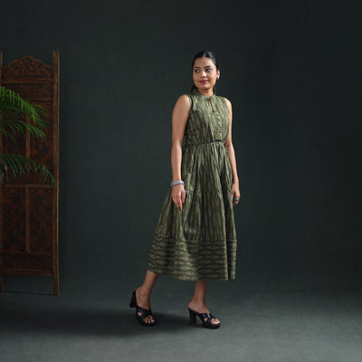 Pochampally Ikat Cotton Sleeveless Tiered Long Dress for Women 09