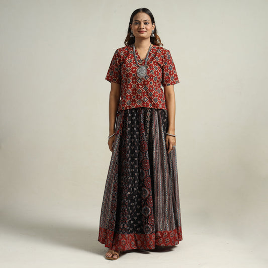 Ajrakh Block Printed 24 Kali Patchwork Cotton Long Skirt 07