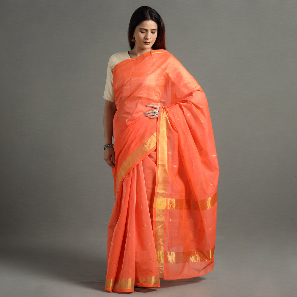 Orange - Traditional Venkatagiri Handloom Cotton Thread & Zari Buti Saree 28