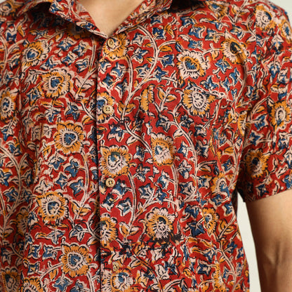 Red - Kalamkari Block Printed Cotton Men Half Sleeve Shirt 04
