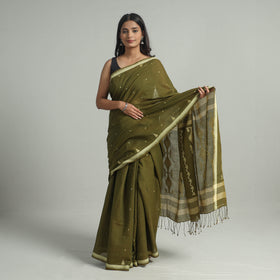 Green - handloom cotton phulia jamdani saree with tassels
