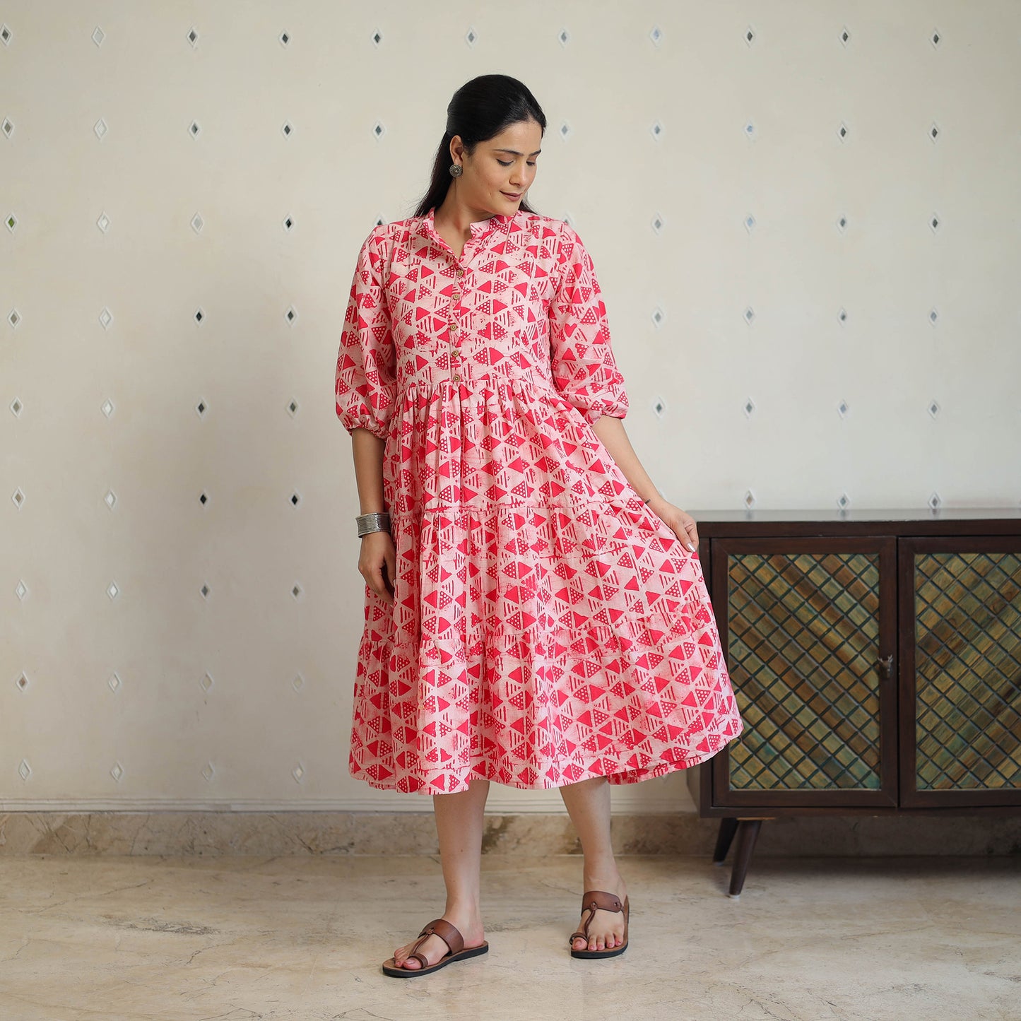 Pink - Pure Cotton Tiered Batik Print Dress 11