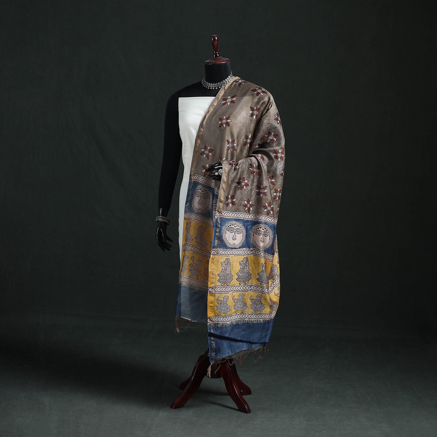 Multicolor - Mata Ni Pachedi Handpainted Natural Dyed Chanderi Silk Handloom Dupatta 24