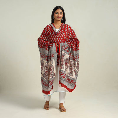 Red - Hand Block Print Cotton Bagh Dupatta 25