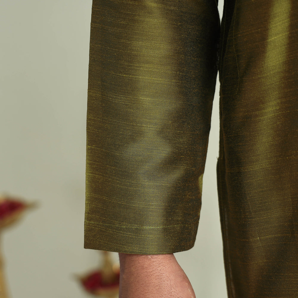 Olive Green - Plain Dyed Slub Silk Men Long Kurta