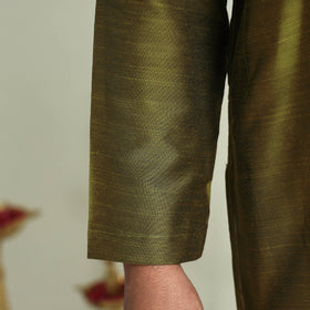 Olive Green - Plain Dyed Slub Silk Men Long Kurta
