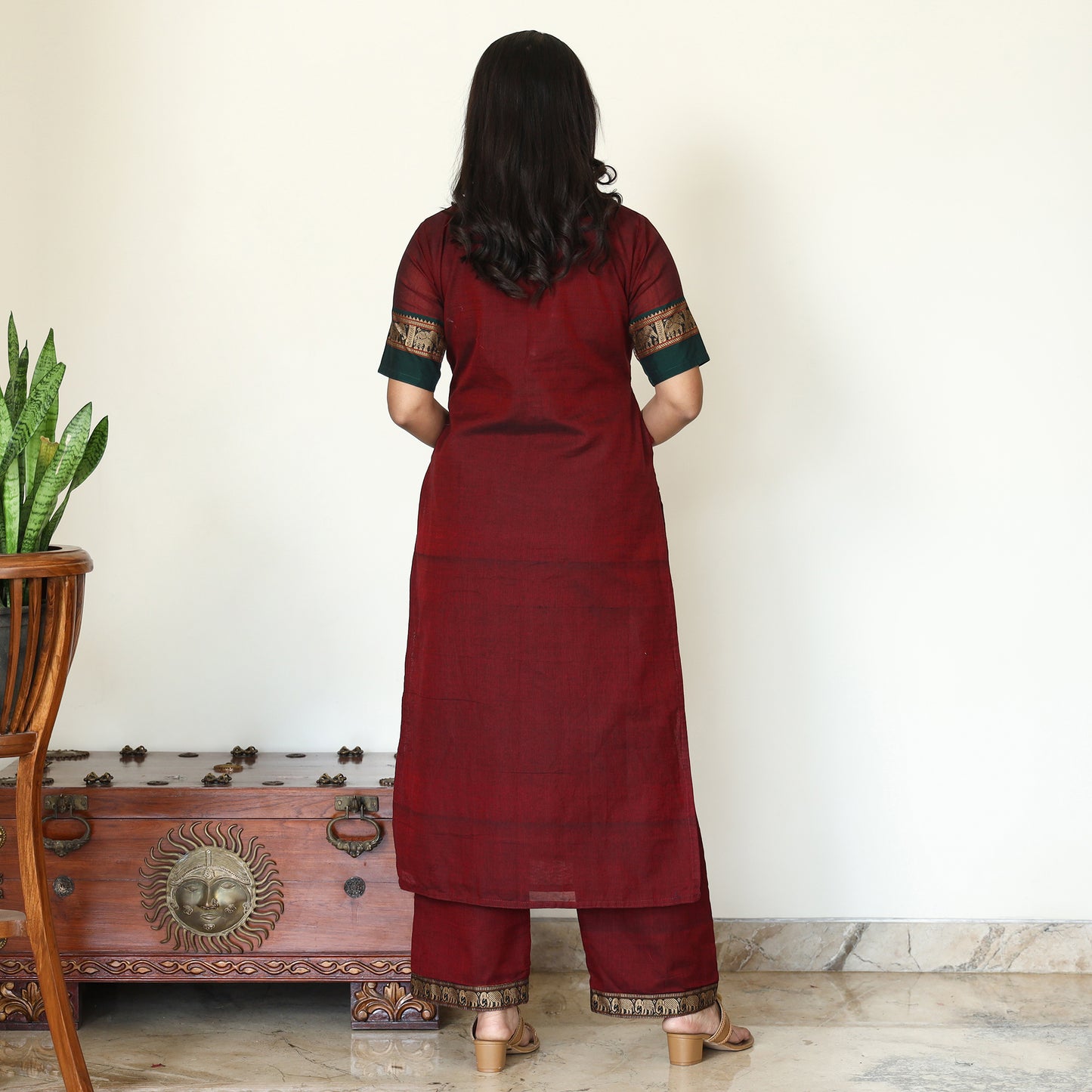 Maroon - Dharwad Cotton Kurta with Palazzo & Dupatta Set 16
