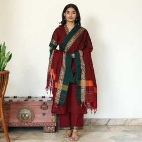 Maroon - Dharwad Cotton Kurta with Palazzo & Dupatta Set 16